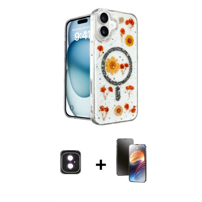 MARSİLYAN™- iPhone 16 Kılıf Kozmos Doku - Siyah 3D Antistatik Mat Seramik Nano Ekran Koruyucu + PVD Metal Kamera Lens - PE