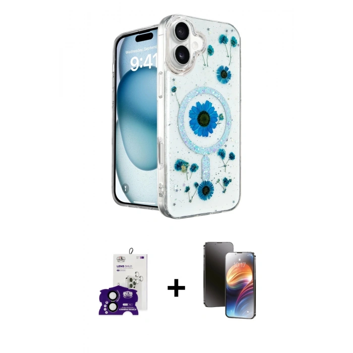 MARSİLYAN™- iPhone 16 Kılıf Kozmos Doku - Siyah 3D Antistatik Mat Seramik Nano Ekran Koruyucu + Bilvis Titan Kamera Lens - SH