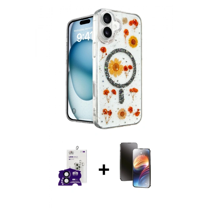 MARSİLYAN™- iPhone 16 Kılıf Kozmos Doku - Siyah 3D Antistatik Mat Seramik Nano Ekran Koruyucu + Bilvis Titan Kamera Lens - SH