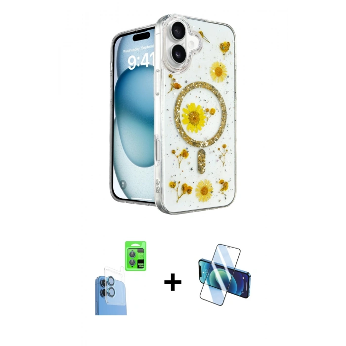 MARSİLYAN™- iPhone 16 Kılıf Kozmos Doku - Siyah 3D Antistatik Seramik Nano Ekran Koruyucu + Raze Metal Kamera Lens - LT