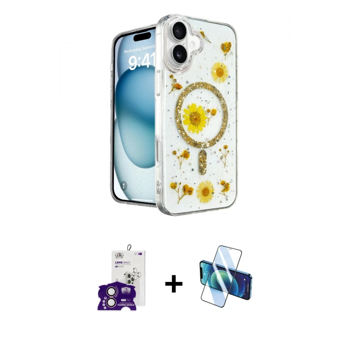 MARSİLYAN™- iPhone 16 Kılıf Kozmos Doku - Siyah 3D Antistatik Seramik Nano Ekran Koruyucu + Bilvis Titan Kamera Lens - PE
