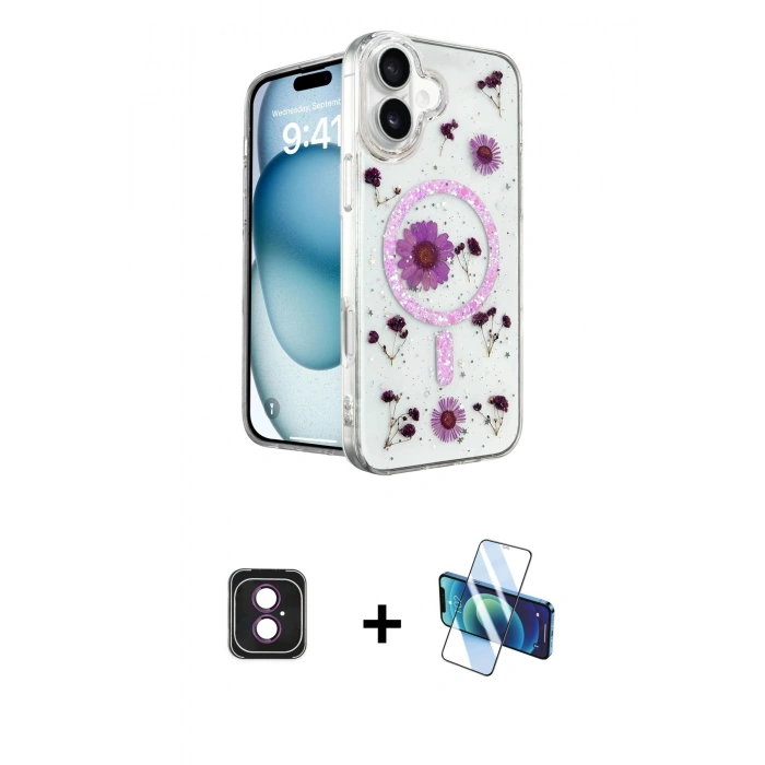 MARSİLYAN™- iPhone 16 Kılıf Kozmos Doku - Siyah 3D Antistatik Seramik Nano Ekran Koruyucu + Pembe PVD Metal Kamera Lens