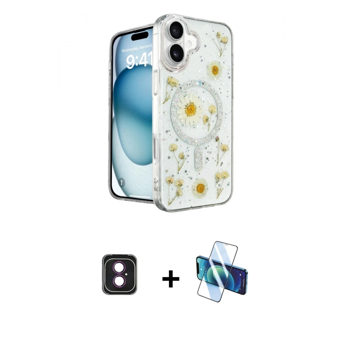 MARSİLYAN™- iPhone 16 Kılıf Kozmos Doku - Siyah 3D Antistatik Seramik Nano Ekran Koruyucu + Pembe PVD Metal Kamera Lens