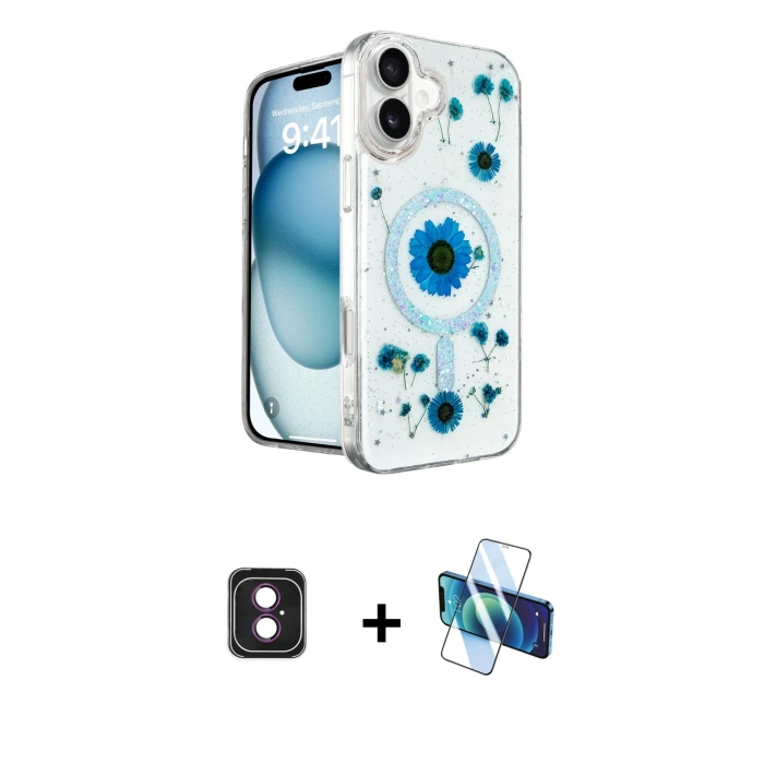 MARSİLYAN™- iPhone 16 Kılıf Kozmos Doku - Siyah 3D Antistatik Seramik Nano Ekran Koruyucu + Pembe PVD Metal Kamera Lens