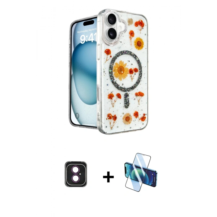 MARSİLYAN™- iPhone 16 Kılıf Kozmos Doku - Siyah 3D Antistatik Seramik Nano Ekran Koruyucu + Pembe PVD Metal Kamera Lens