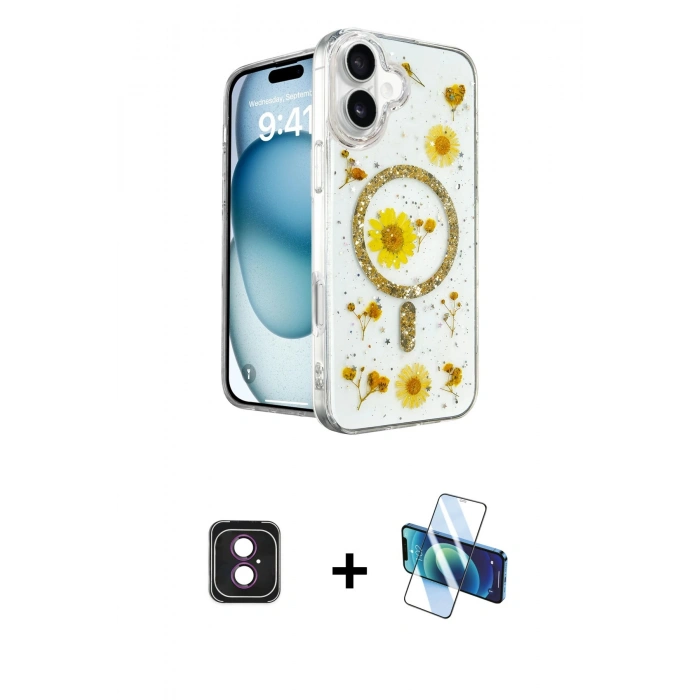 MARSİLYAN™- iPhone 16 Kılıf Kozmos Doku - Siyah 3D Antistatik Seramik Nano Ekran Koruyucu + Pembe PVD Metal Kamera Lens