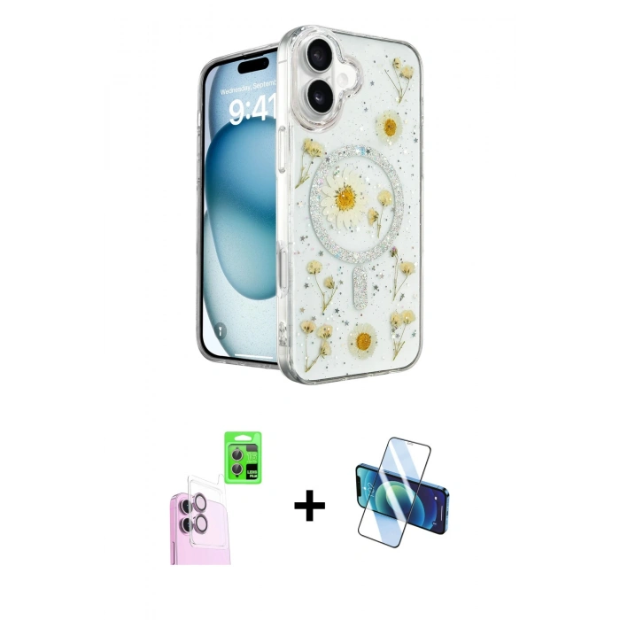MARSİLYAN™- iPhone 16 Kılıf Kozmos Doku - Siyah 3D Antistatik Seramik Nano Ekran Koruyucu + Raze Metal Kamera Lens - PE