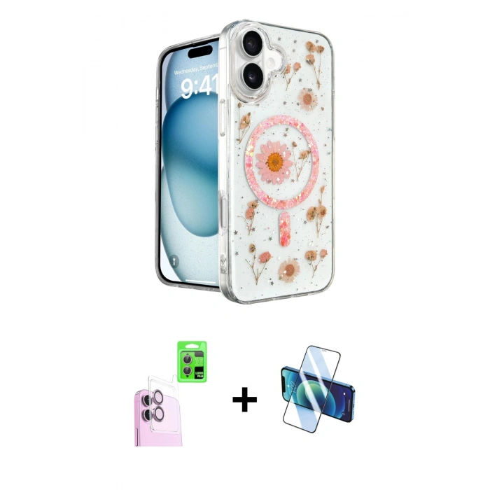 MARSİLYAN™- iPhone 16 Kılıf Kozmos Doku - Siyah 3D Antistatik Seramik Nano Ekran Koruyucu + Raze Metal Kamera Lens - PE