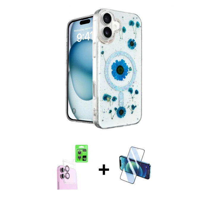 MARSİLYAN™- iPhone 16 Kılıf Kozmos Doku - Siyah 3D Antistatik Seramik Nano Ekran Koruyucu + Raze Metal Kamera Lens - PE