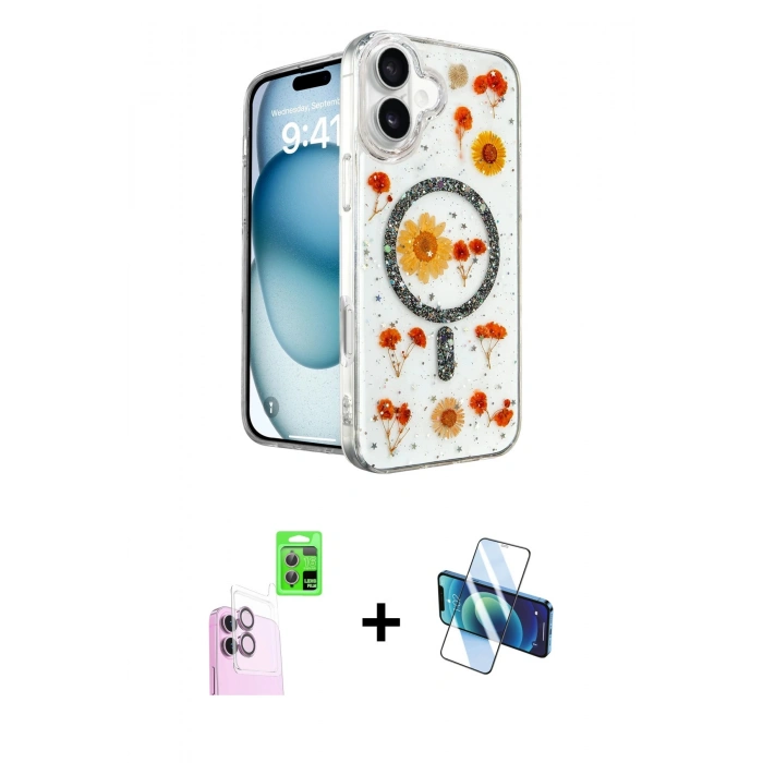 MARSİLYAN™- iPhone 16 Kılıf Kozmos Doku - Siyah 3D Antistatik Seramik Nano Ekran Koruyucu + Raze Metal Kamera Lens - PE
