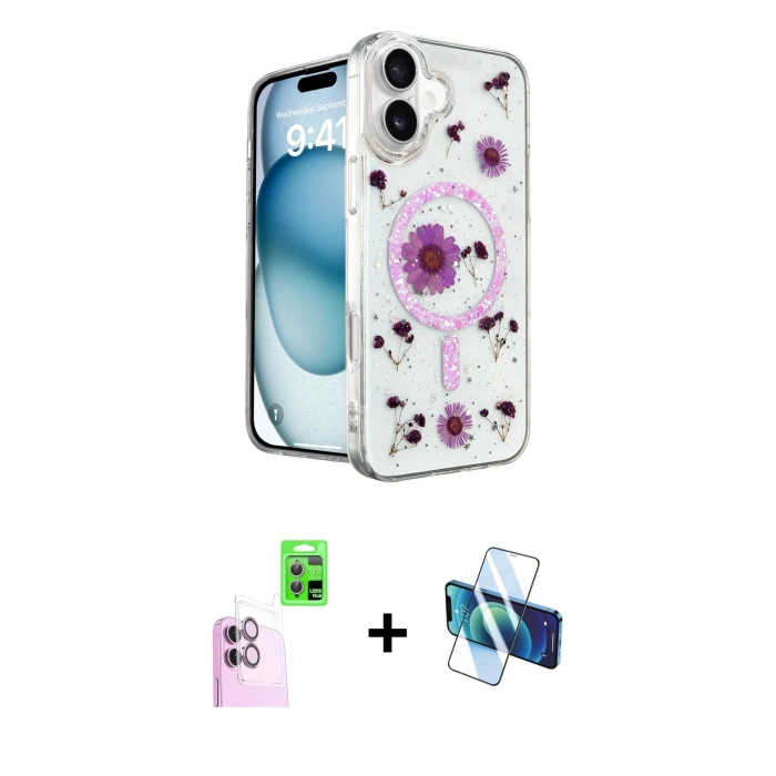 MARSİLYAN™- iPhone 16 Kılıf Kozmos Doku - Siyah 3D Antistatik Seramik Nano Ekran Koruyucu + Raze Metal Kamera Lens - PE