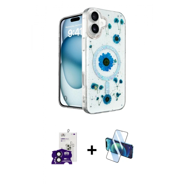 MARSİLYAN™- iPhone 16 Kılıf Kozmos Doku - Siyah 3D Antistatik Seramik Nano Ekran Koruyucu + Bilvis Titan Kamera Lens - SH