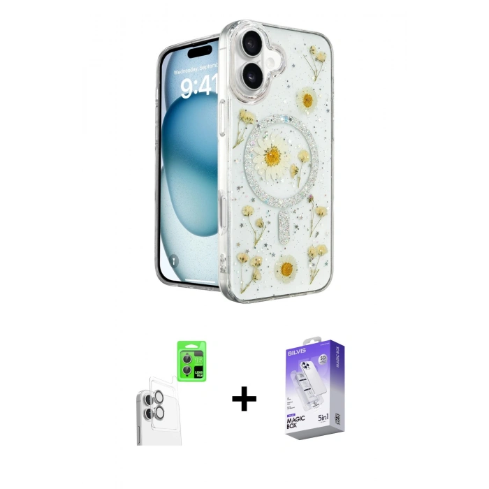 MARSİLYAN™- iPhone 16 Kılıf Kozmos Doku - Siyah Bilvis 5in1 3D Magic Cam Ekran Koruyucu + Raze Metal Kamera Lens - BZ