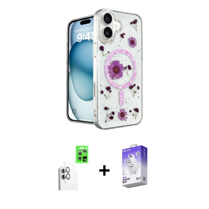 MARSİLYAN™- iPhone 16 Kılıf Kozmos Doku - Siyah Bilvis 5in1 3D Magic Cam Ekran Koruyucu + Raze Metal Kamera Lens - BZ
