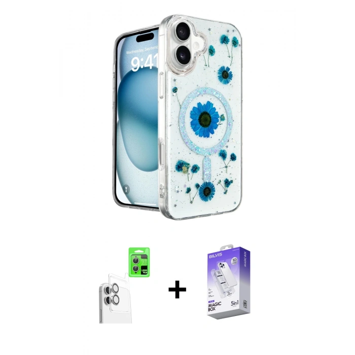 MARSİLYAN™- iPhone 16 Kılıf Kozmos Doku - Siyah Bilvis 5in1 3D Magic Cam Ekran Koruyucu + Raze Metal Kamera Lens - BZ