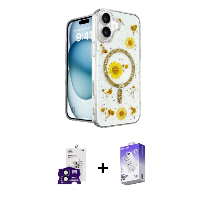 MARSİLYAN™- iPhone 16 Kılıf Kozmos Doku - Siyah Bilvis 5in1 3D Magic Cam Ekran Koruyucu + Bilvis Titan Kamera Lens - SH