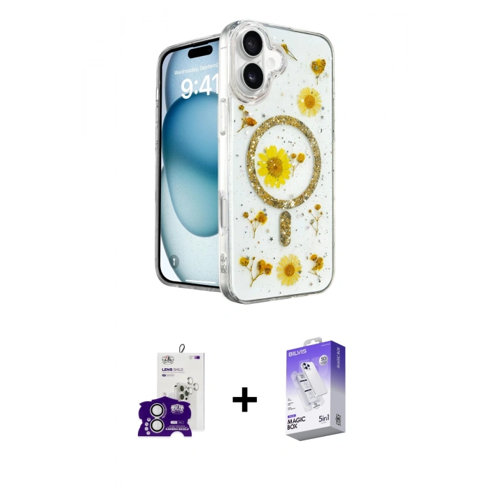MARSİLYAN™- iPhone 16 Kılıf Kozmos Doku - Siyah Bilvis 5in1 3D Magic Cam Ekran Koruyucu + Bilvis Titan Kamera Lens - GS