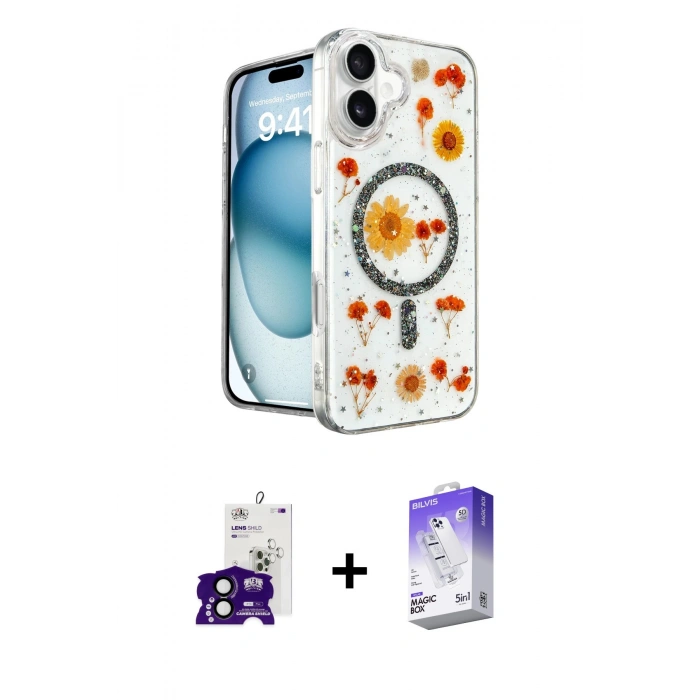 MARSİLYAN™- iPhone 16 Kılıf Kozmos Doku - Siyah Bilvis 5in1 3D Magic Cam Ekran Koruyucu + Bilvis Titan Kamera Lens - SH