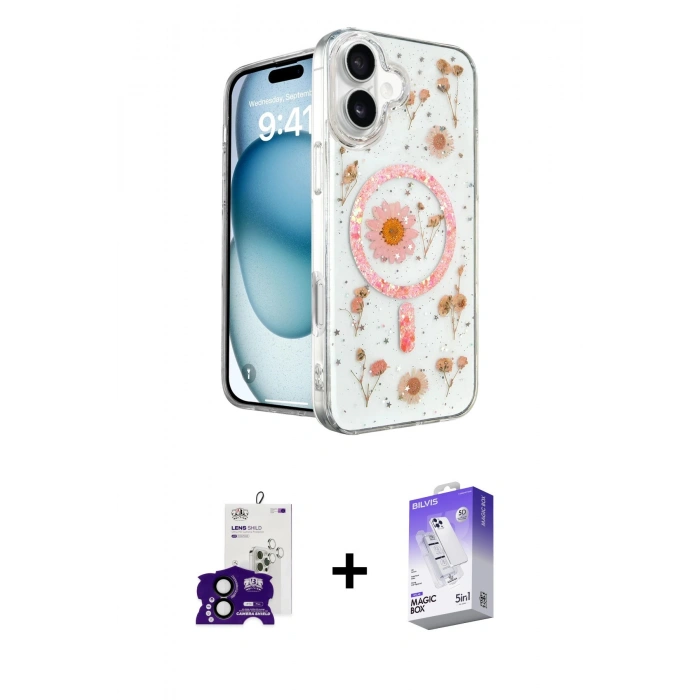 MARSİLYAN™- iPhone 16 Kılıf Kozmos Doku - Siyah Bilvis 5in1 3D Magic Cam Ekran Koruyucu + Bilvis Titan Kamera Lens - SH