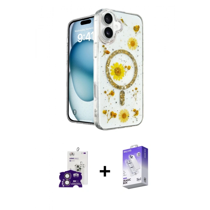 MARSİLYAN™- iPhone 16 Kılıf Kozmos Doku - Siyah Bilvis 5in1 3D Magic Cam Ekran Koruyucu + Bilvis Titan Kamera Lens - PE