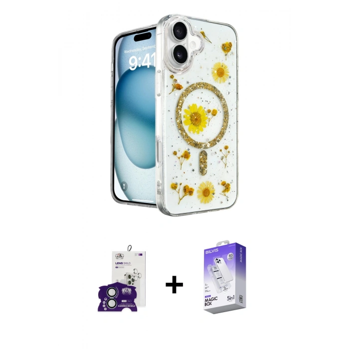 MARSİLYAN™- iPhone 16 Kılıf Kozmos Doku - Siyah Bilvis 5in1 3D Magic Cam Ekran Koruyucu + Bilvis Titan Kamera Lens - YL