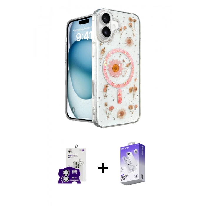 MARSİLYAN™- iPhone 16 Kılıf Kozmos Doku - Siyah Bilvis 5in1 3D Magic Cam Ekran Koruyucu + Bilvis Titan Kamera Lens - GS