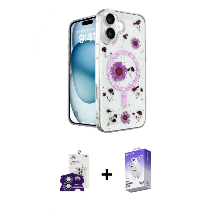 MARSİLYAN™- iPhone 16 Kılıf Kozmos Doku - Siyah Bilvis 5in1 3D Magic Cam Ekran Koruyucu + Bilvis Titan Kamera Lens - YL