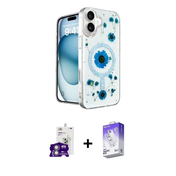 MARSİLYAN™- iPhone 16 Kılıf Kozmos Doku - Siyah Bilvis 5in1 3D Magic Cam Ekran Koruyucu + Bilvis Titan Kamera Lens - GS