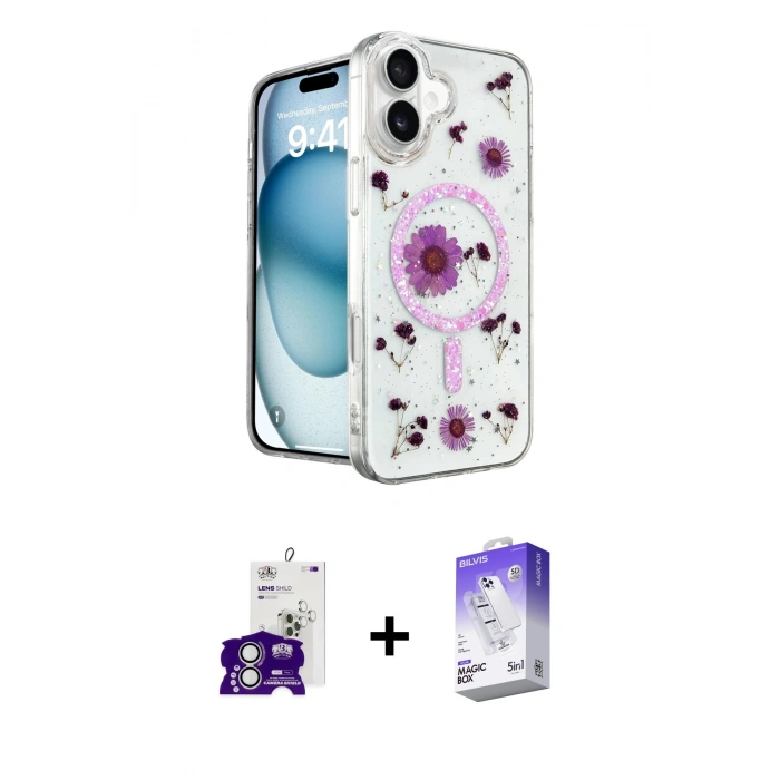 MARSİLYAN™- iPhone 16 Kılıf Kozmos Doku - Siyah Bilvis 5in1 3D Magic Cam Ekran Koruyucu + Bilvis Titan Kamera Lens - GS