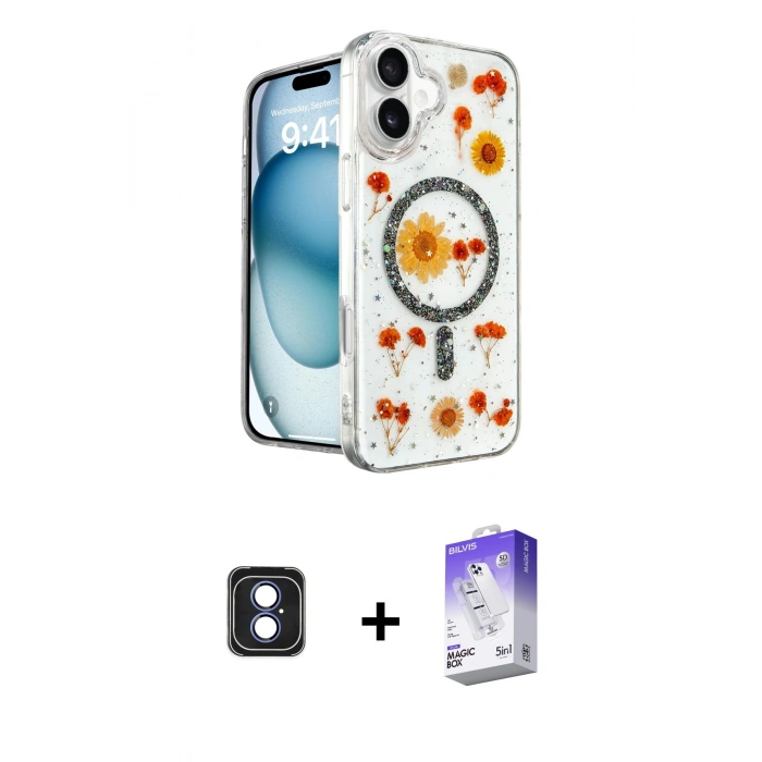 MARSİLYAN™- iPhone 16 Kılıf Kozmos Doku - Siyah Bilvis 5in1 3D Magic Cam Ekran Koruyucu + PVD Metal Kamera Lens - MI