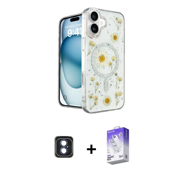 MARSİLYAN™- iPhone 16 Kılıf Kozmos Doku - Siyah Bilvis 5in1 3D Magic Cam Ekran Koruyucu + PVD Metal Kamera Lens - MI