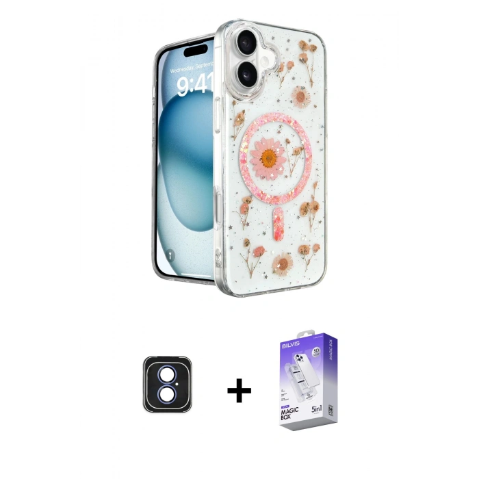 MARSİLYAN™- iPhone 16 Kılıf Kozmos Doku - Siyah Bilvis 5in1 3D Magic Cam Ekran Koruyucu + PVD Metal Kamera Lens - MI