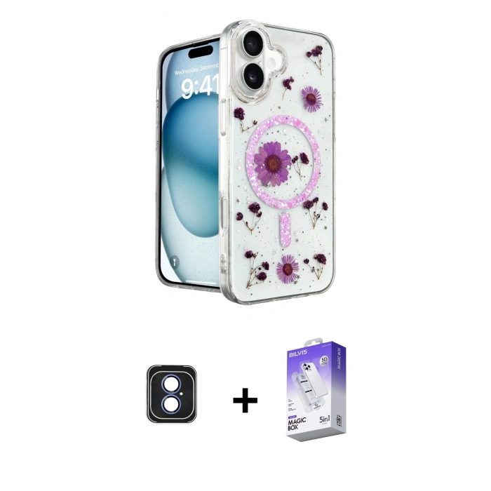 MARSİLYAN™- iPhone 16 Kılıf Kozmos Doku - Siyah Bilvis 5in1 3D Magic Cam Ekran Koruyucu + PVD Metal Kamera Lens - MI