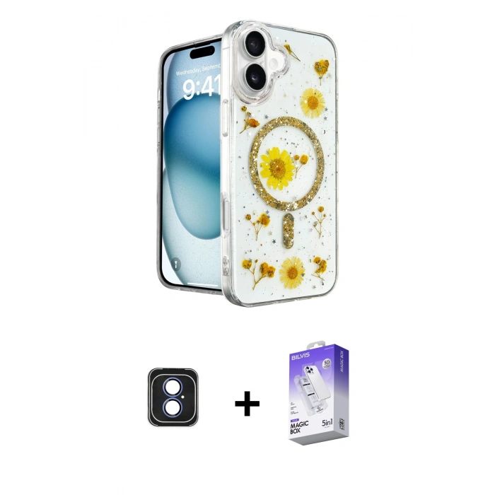 MARSİLYAN™- iPhone 16 Kılıf Kozmos Doku - Siyah Bilvis 5in1 3D Magic Cam Ekran Koruyucu + PVD Metal Kamera Lens - MI