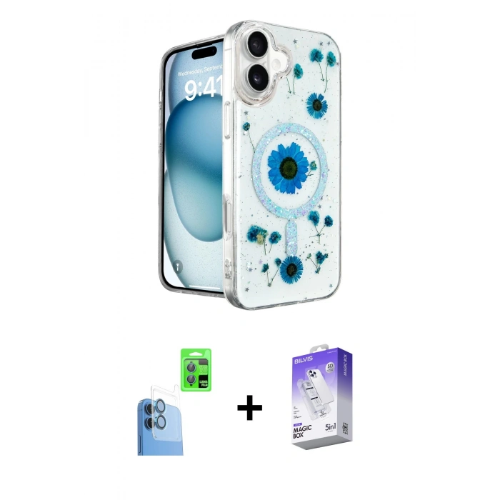 MARSİLYAN™- iPhone 16 Kılıf Kozmos Doku - Siyah Bilvis 5in1 3D Magic Cam Ekran Koruyucu + Raze Metal Kamera Lens - LT