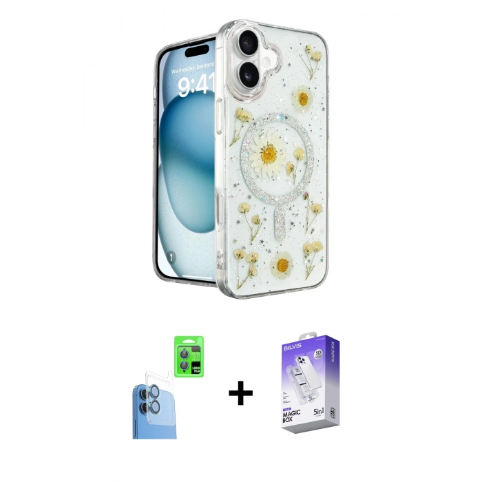 MARSİLYAN™- iPhone 16 Kılıf Kozmos Doku - Siyah Bilvis 5in1 3D Magic Cam Ekran Koruyucu + Raze Metal Kamera Lens - LT