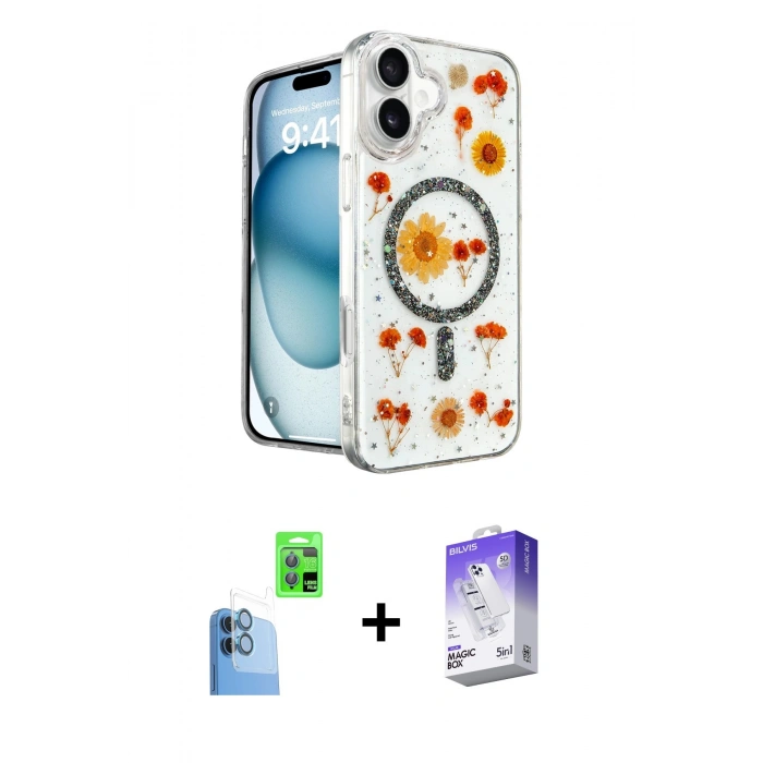 MARSİLYAN™- iPhone 16 Kılıf Kozmos Doku - Siyah Bilvis 5in1 3D Magic Cam Ekran Koruyucu + Raze Metal Kamera Lens - LT