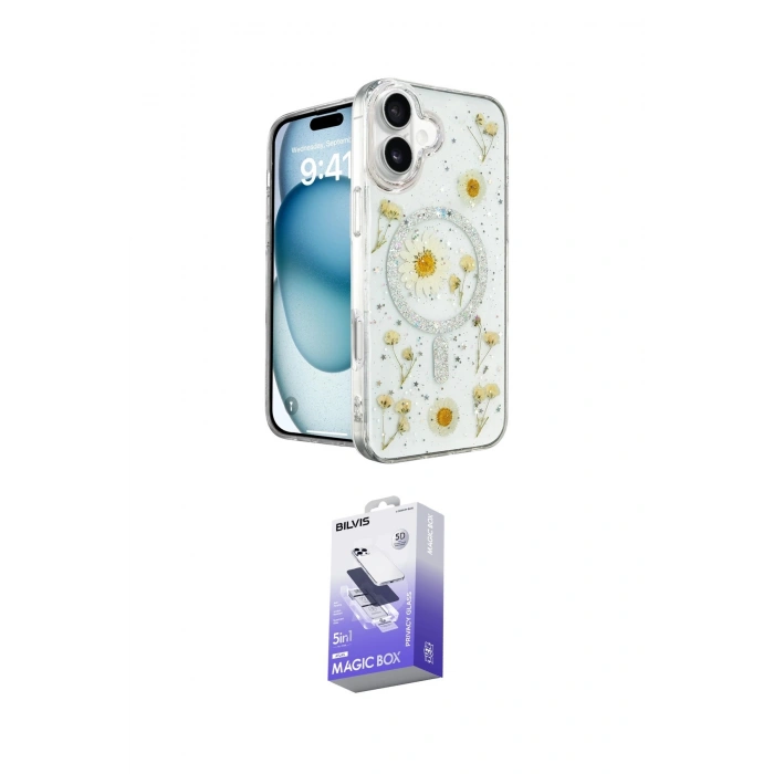 MARSİLYAN™- iPhone 16 Kılıf Kozmos Doku - Siyah Bilvis 5in1 5D Magic Hayalet Cam Ekran Koruyucu