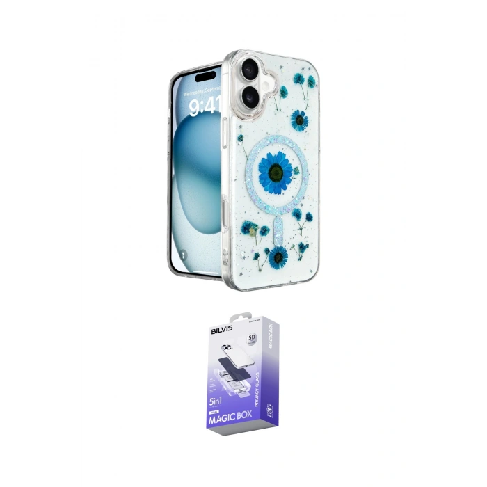 MARSİLYAN™- iPhone 16 Kılıf Kozmos Doku - Siyah Bilvis 5in1 5D Magic Hayalet Cam Ekran Koruyucu