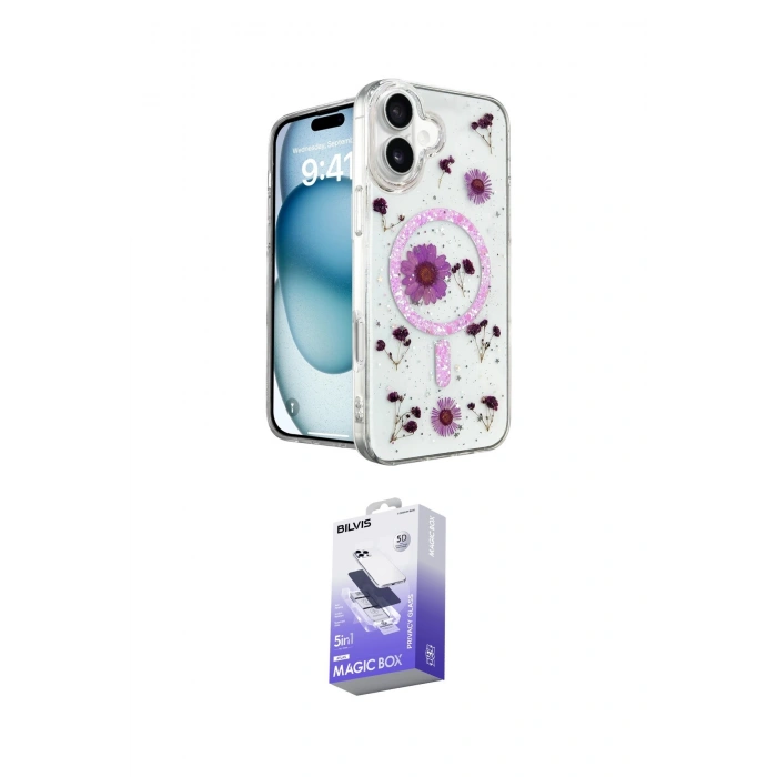 MARSİLYAN™- iPhone 16 Kılıf Kozmos Doku - Siyah Bilvis 5in1 5D Magic Hayalet Cam Ekran Koruyucu