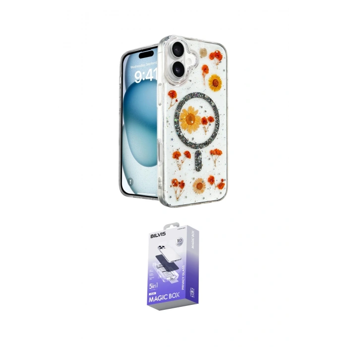 MARSİLYAN™- iPhone 16 Kılıf Kozmos Doku - Siyah Bilvis 5in1 5D Magic Hayalet Cam Ekran Koruyucu