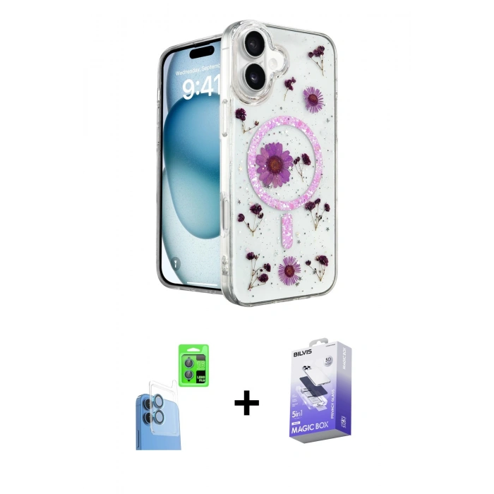 MARSİLYAN™- iPhone 16 Kılıf Kozmos Doku - Siyah Bilvis 5in1 5D Magic Hayalet Cam Ekran Koruyucu + Raze Metal Kamera Lens - LT