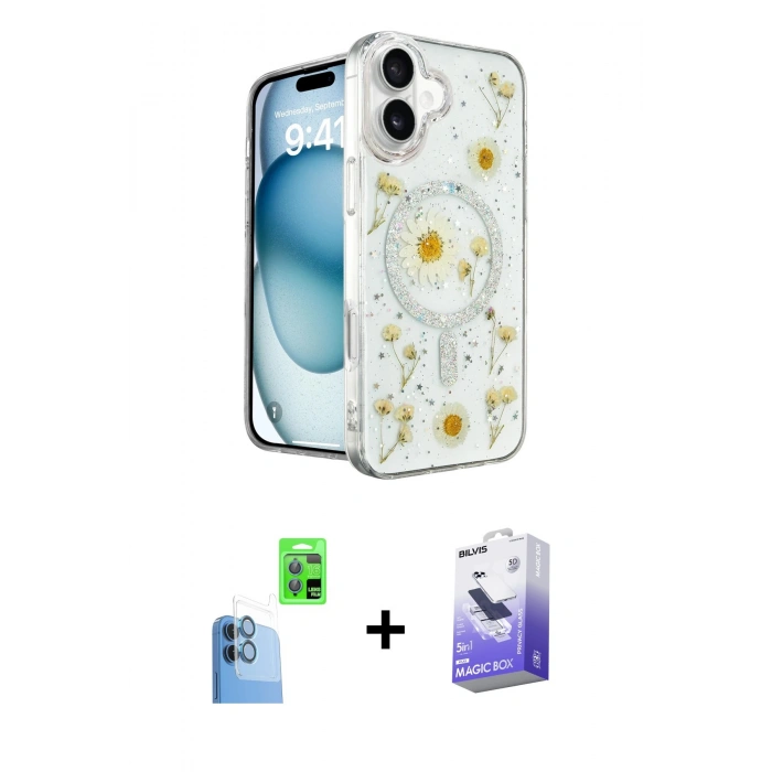 MARSİLYAN™- iPhone 16 Kılıf Kozmos Doku - Siyah Bilvis 5in1 5D Magic Hayalet Cam Ekran Koruyucu + Raze Metal Kamera Lens - LT
