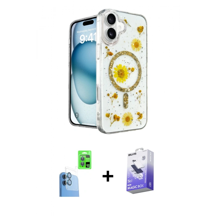 MARSİLYAN™- iPhone 16 Kılıf Kozmos Doku - Siyah Bilvis 5in1 5D Magic Hayalet Cam Ekran Koruyucu + Raze Metal Kamera Lens - LT