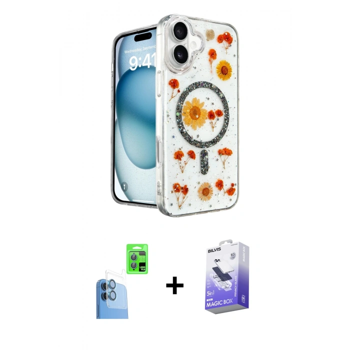 MARSİLYAN™- iPhone 16 Kılıf Kozmos Doku - Siyah Bilvis 5in1 5D Magic Hayalet Cam Ekran Koruyucu + Raze Metal Kamera Lens - LT
