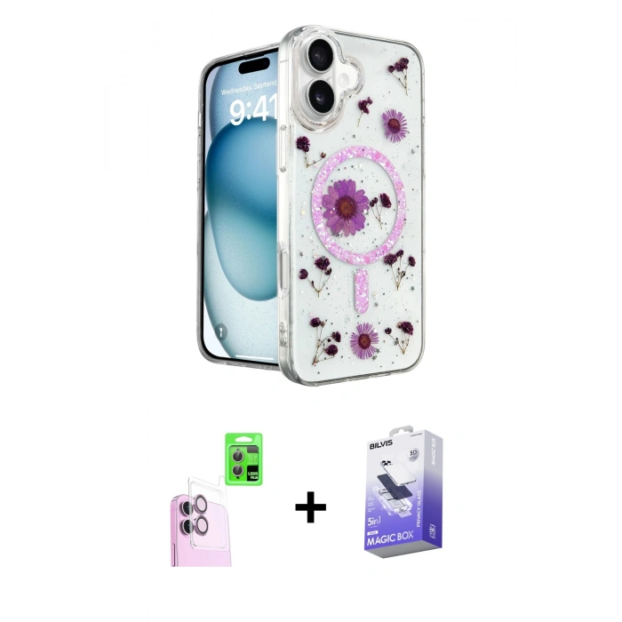 MARSİLYAN™- iPhone 16 Kılıf Kozmos Doku - Siyah Bilvis 5in1 5D Magic Hayalet Cam Ekran Koruyucu + Raze Metal Kamera Lens - PE