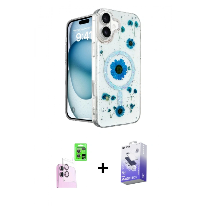 MARSİLYAN™- iPhone 16 Kılıf Kozmos Doku - Siyah Bilvis 5in1 5D Magic Hayalet Cam Ekran Koruyucu + Raze Metal Kamera Lens - PE