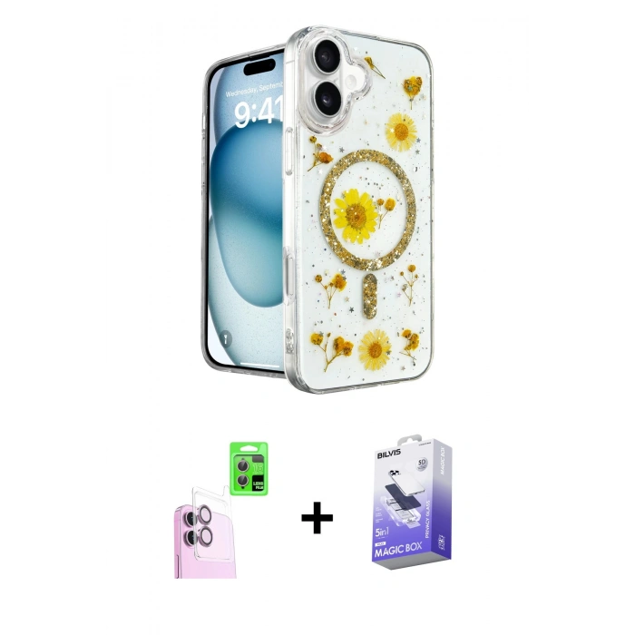 MARSİLYAN™- iPhone 16 Kılıf Kozmos Doku - Siyah Bilvis 5in1 5D Magic Hayalet Cam Ekran Koruyucu + Raze Metal Kamera Lens - PE