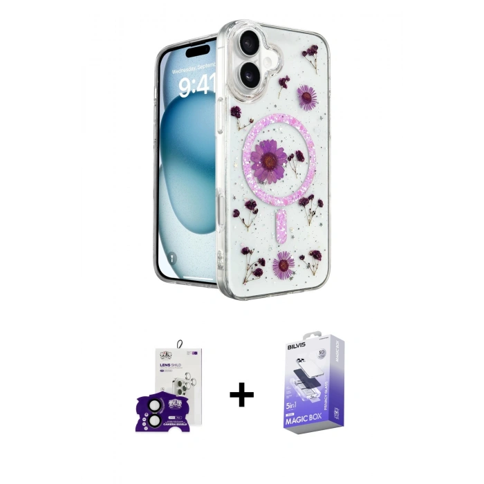 MARSİLYAN™- iPhone 16 Kılıf Kozmos Doku - Siyah Bilvis 5in1 5D Magic Hayalet Cam Ekran Koruyucu + Bilvis Titan Kamera Lens - SH