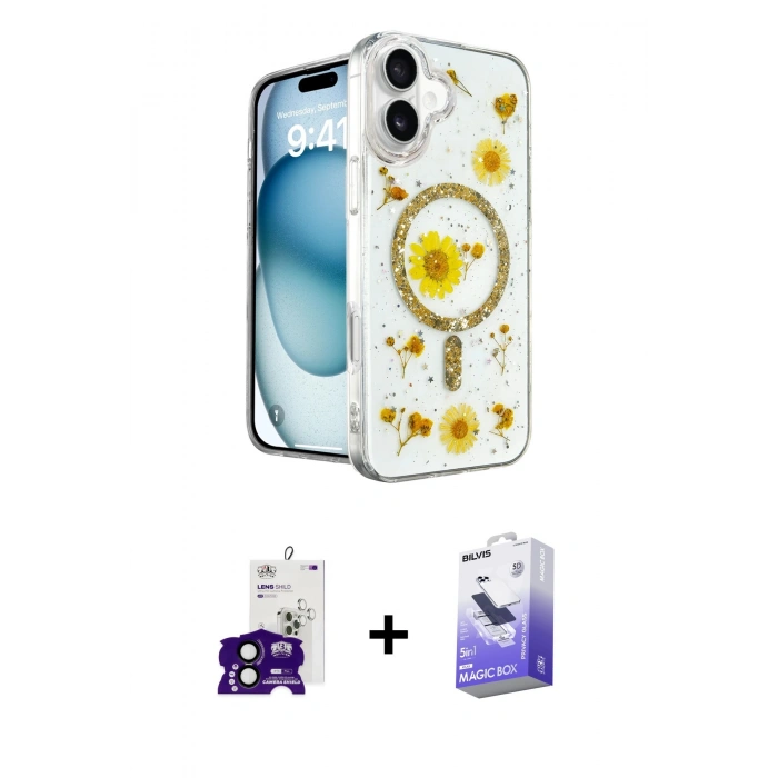 MARSİLYAN™- iPhone 16 Kılıf Kozmos Doku - Siyah Bilvis 5in1 5D Magic Hayalet Cam Ekran Koruyucu + Bilvis Titan Kamera Lens - SH